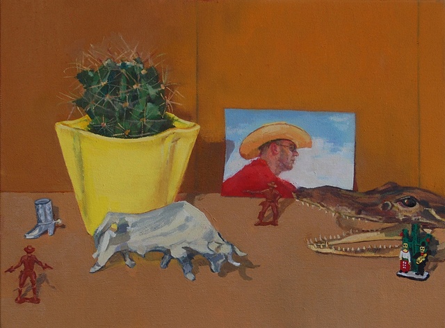 oil painting on canvas of still life with alligator, cactus, cowboy, potrait, bull by painter Christina Renfer Vogel