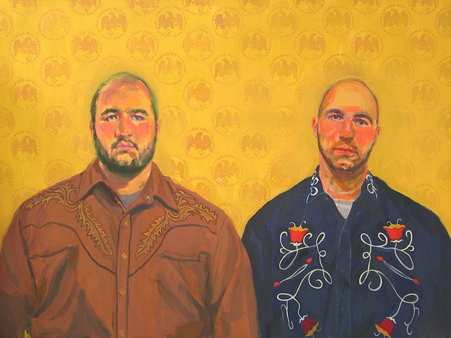 oil painting on canvas, a portrait of two men with western shirts on a patterned ground by Christina Renfer Vogel