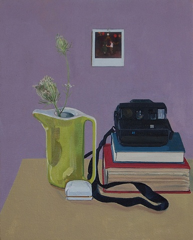 oil painting on canvas of still life with camera, flowers, books, polaroid portrait by painter Christina Renfer Vogel