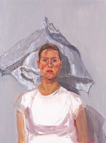 oil painting canvas self portrait in white t shirt with veil by Christina Renfer Vogel
