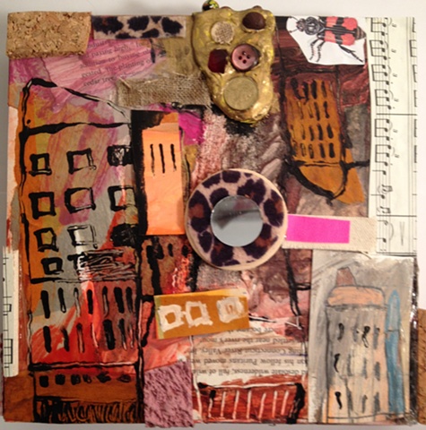 small collage on wood board