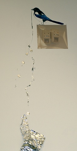 'Magpie With All The Gold & Silver Wrappers Collected from Chocolate Eaten By Me And Other Artists In The Gallery Sitting On Installation Guardians' detail from 'Picturesque/Picaresque...'