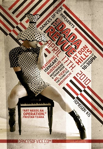 Portrait of Muffinhead used in Shien Lee's Dances of Vice Dada Review flyer and poster material.  The show runs in April 17, 2010 in New York City.