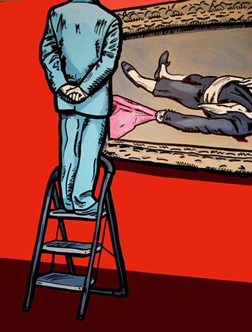 Man on Ladder in front of Manet's "Dead Toreador", acrylic and graffiti marker on canvas, by Adam Matak.