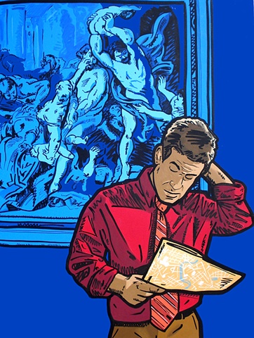 Man in front of Maccascre of the Innocents acrylic and graffiti marker on canvas, by Adam Matak.