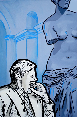 Bored Museum Patron in front of the Venus DeMilo, Acrylic Paint and Graffiti Marker on Canvas by Adam Matak.