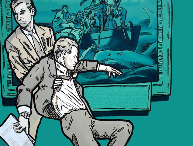 Death of Piainting, businessmen in front of Copley's Watson and the Shark, acrylic and graffiti marker on canvas, by Adam Matak.