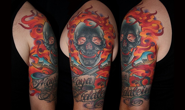 flamin skull wrenches script tattoo by Danny Gordey Ink Machine Edmonton Canada