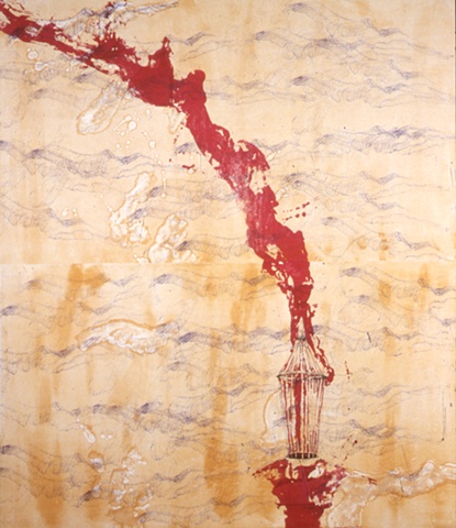 screenprint and monotype cage and hawk wings by Jill Fitterer