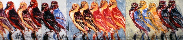 large scale screenprint, western tanagers, by Jill Fitterer