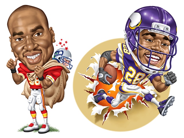 Caricatures of Derrick Thomas and Adrian Peterson for Boys' Life magazine