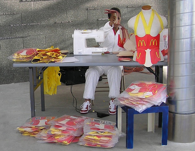 McDonald's art, McDonald's fashion, McDonalds, wearable art, corset, paper lingerie, art installation, fast food art, fast food public art