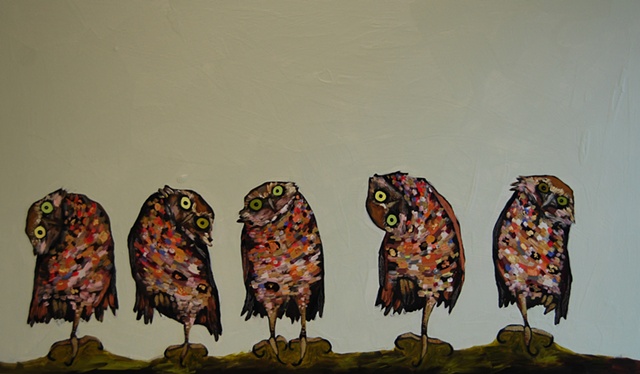 5 Burrowing Owls in Metallic Green Opal