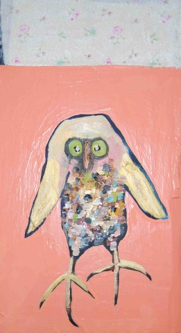 snowy owl in apricot with pink flower fabric