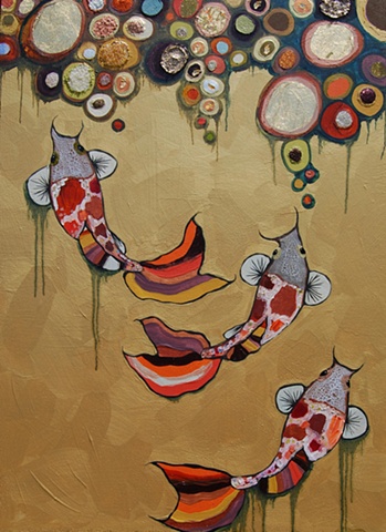 3 Koi in Gold with Gold Jewels