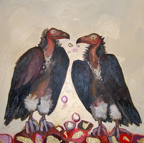 Two Vultures in Iridescent Orange Desert Sky