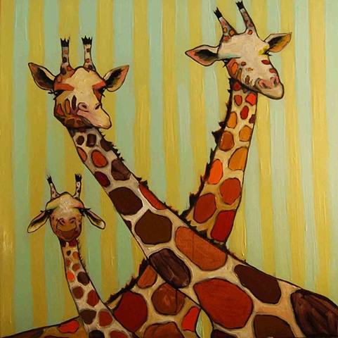 Giraffe Family in Green and Blue Stripes
