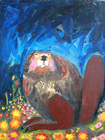Beaver in Prussian Blue with Wildflowers