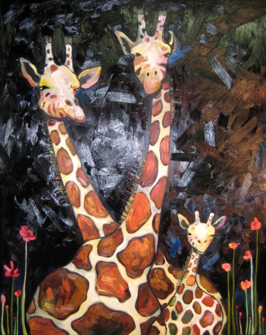 Giraffe Family in Prussian Blue with Pink Poppies