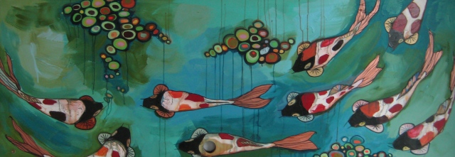 koi with black faces in blue and green