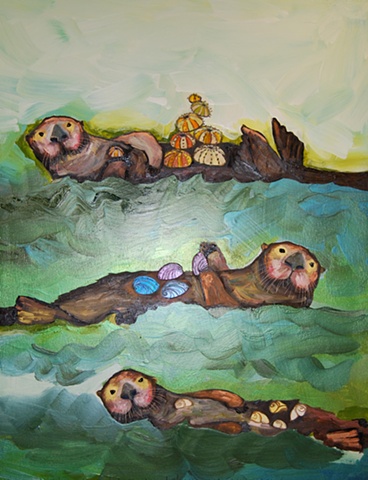 3 Sea Otters in Green Waves
