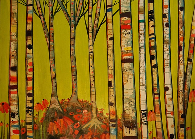 Birch Tree Forest in Citrus Green with Black Eyed Susans