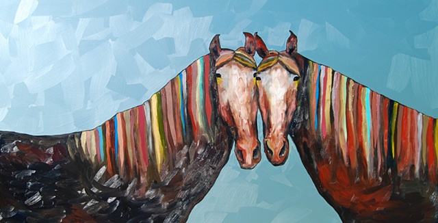 Two Horses in Metallic Tide Pool Blue