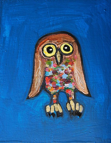 Tiny Brown Owl in Turquoise Blue