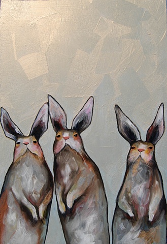 Three Standing Rabbits in Iridescent Orange Cream Sky
