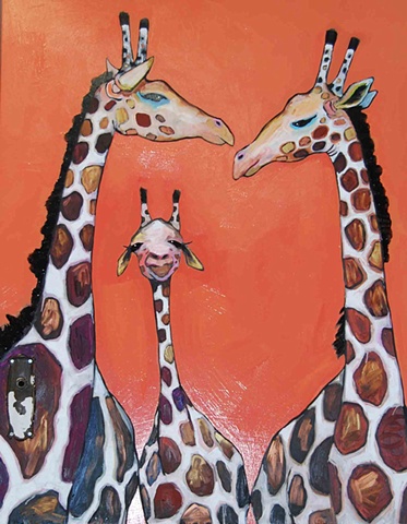 Giraffe Family in Glossy Peach Blossom