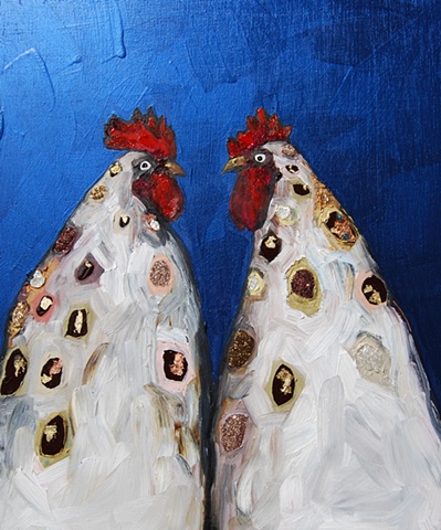 Two Roosters in Metallic Indigo