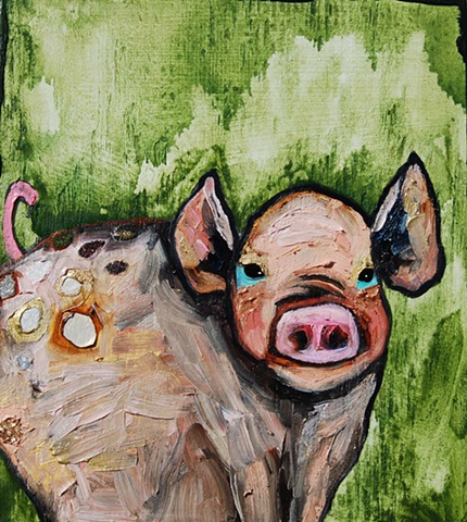 Tiny Pig with Sparkly Spots in Green Watercolor