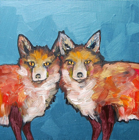 Two Foxes in Metallic Sea Blue