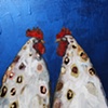 Two Roosters in Metallic Indigo