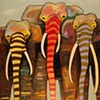 Painted Elephant Trio with Gold and Copper Toes under Clouds