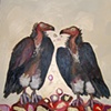 Two Vultures in Iridescent Orange Desert Sky