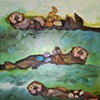 3 Sea Otters in Green Waves