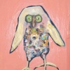 snowy owl in apricot with pink flower fabric