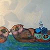 Two Sea Otters in Iridescent Orange Sky 