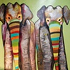 Pair of Painted Elephants in Green with Copper Toes