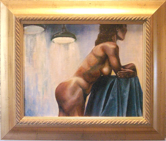 nude with blue satin