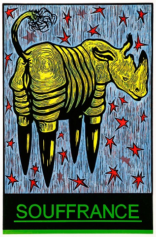 Rhino with Spikes in Red, Yellow and Blue with Green