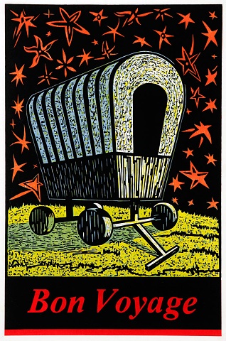 Starry Night with a Wagon in Yellow and Orange with Red