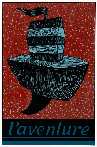 The Big Adventure with Arrows in Dark Red on Light Blue in Blue