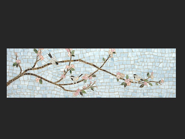 Maplestone Gallery  ~  Contemporary Mosaic Art  ~   "Chickadees and Cherry Blossoms" by Lori Desormeaux