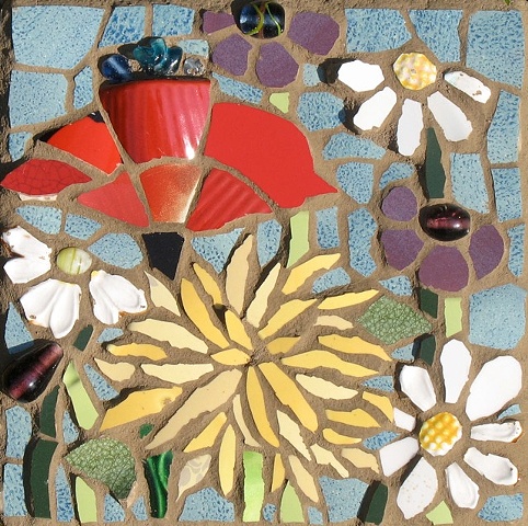 "Floral Explosion with Yellow Dahlia" by Anja Hertle ~  Maplestone Gallery  ~  Contemporary Mosaic Art
