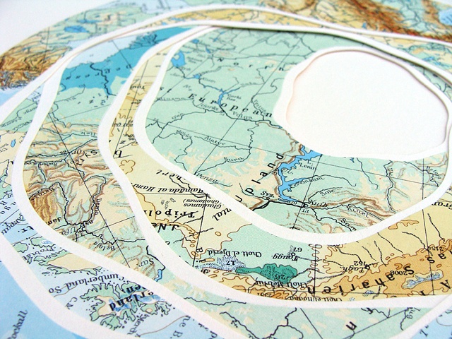 map collage titled Basin from the Uncharted Series for the exhibition Aggregate at the ICA (MECA) in September 2009 by Shannon Rankin
