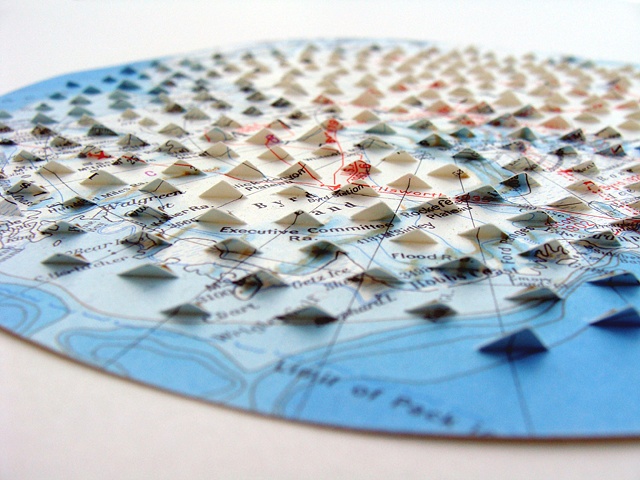 map collage made from polar region maps titled Pod from the Uncharted Series for the exhibition Aggregate at the ICA (MECA) in September 2009 by Shannon Rankin