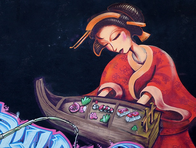 Geisha done by me.  Sushi painted by Estria