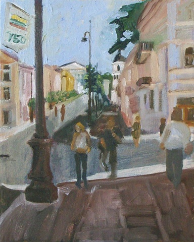Oil in canvas of lithuanian street in vlinius original artwork bu lithuanian artist lauren karrenberg